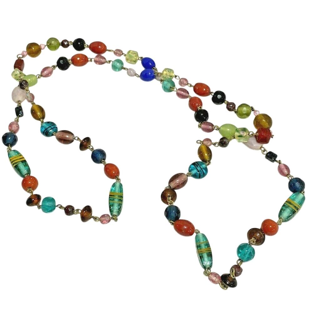 Vintage Multicolor Glass Bead Necklace - Green, Blue, Red, Yellow